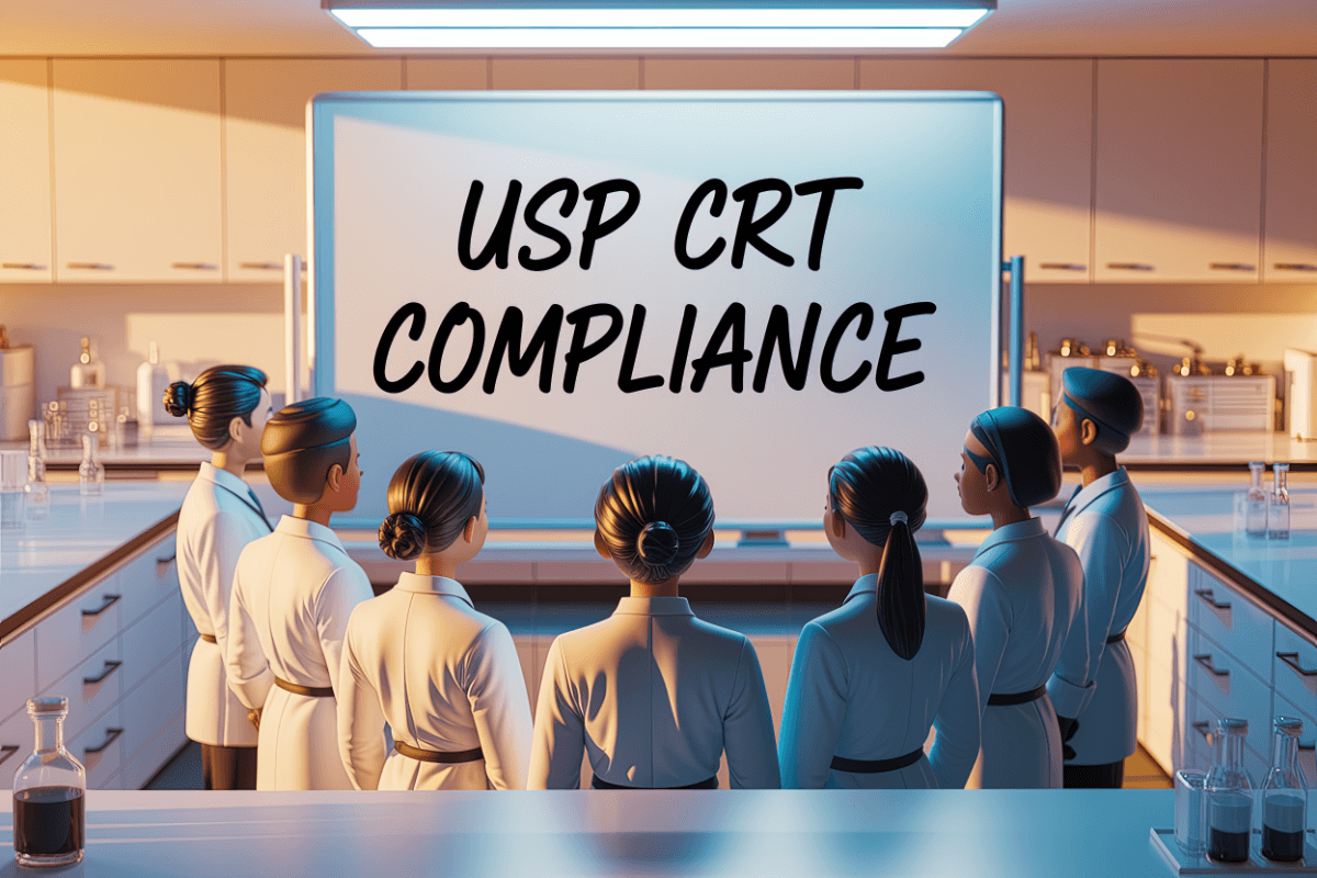 A 3D style image of lab technicians having a meeting in a laboratory around a whiteboard with 