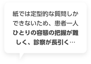 紙では定型的な質問しかできないため、患者一人ひとりの容態の把握が難しく、診察が長引く…